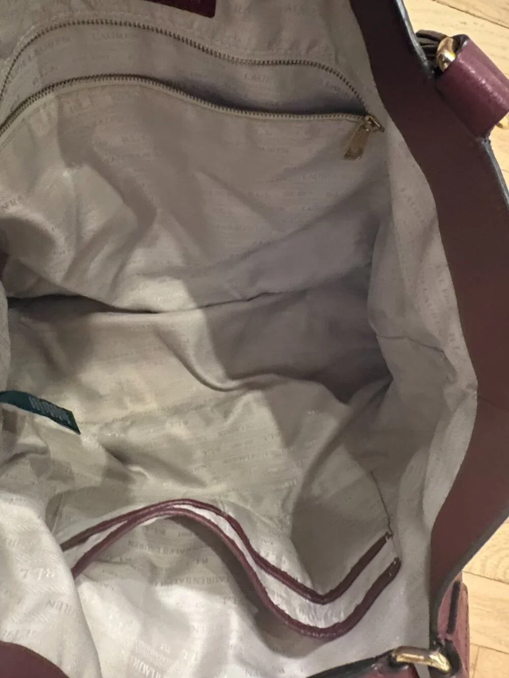 Lauren Ralph Lauren Large Pebbled Leather Tote – Burgundy/Gold Hardware